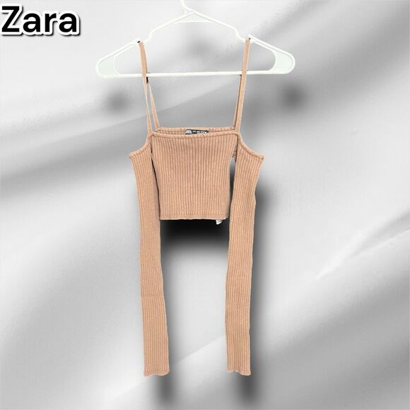 Preowned Zara Tan Long Sleeve Cold Shoulder knit ribbed Crop Top - Small - Picture 2 of 7